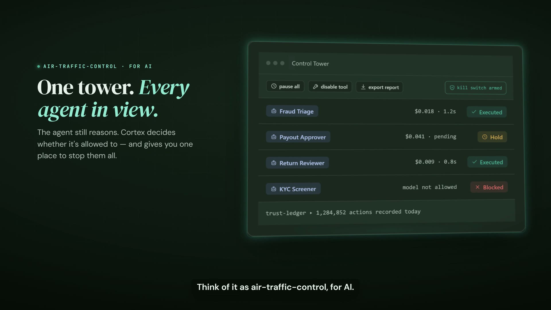 Still from the Cortex AI OS overview film: the Control Tower listing four agents — Fraud Triage executed, Payout Approver on hold, Return Reviewer executed, KYC Screener blocked — beside the line “One tower. Every agent in view.”